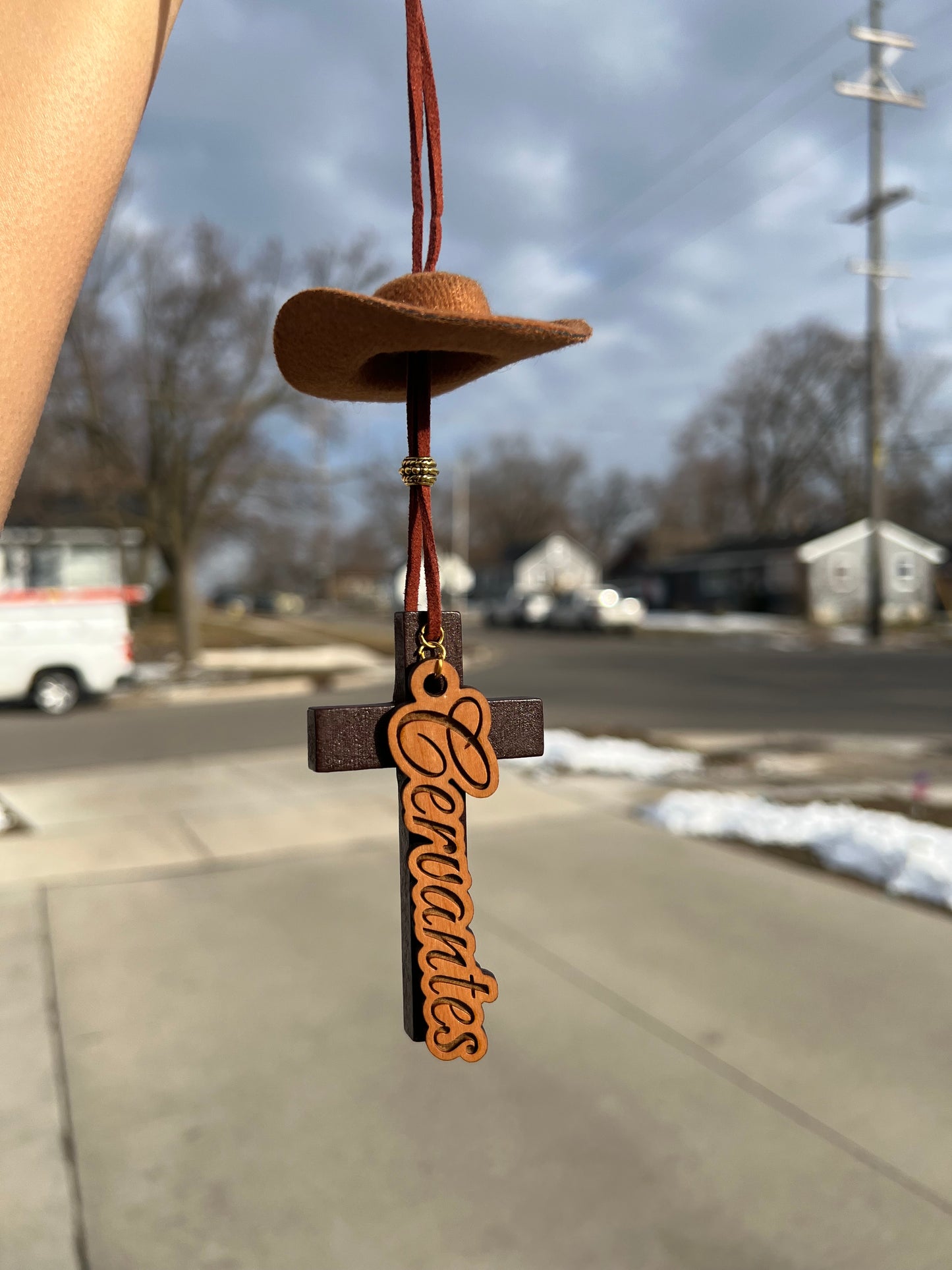 Tejana + Last name rear view mirror charm